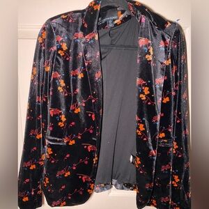 Cynthia Rowley Black Velvet Floral Blazer Lined Jacket Size Medium Long Sleeve